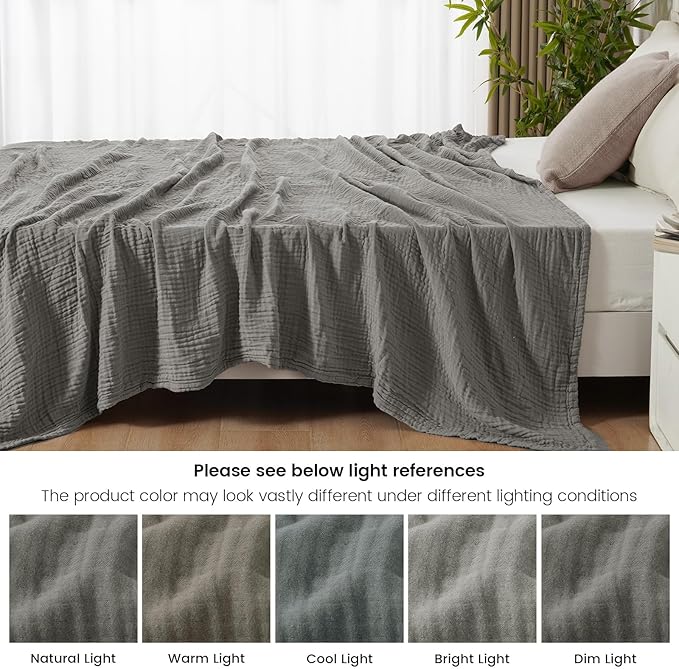 PHF Cooling Muslin King Blanket for Hot Sleepers, 60% Rayon Derived from Bamboo, 40% Cotton for Summer, 4-Layer Breathable Gauze Blanket for Bed Couch, 108"x90", Grey