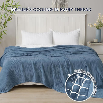 PHF Cooling Muslin King Blanket for Hot Sleepers, 60% Viscose from Bamboo, 40% Cotton and 4-Layer Breathable Gauze Blanket for Bed Couch, 108"x90", Prussian Blue