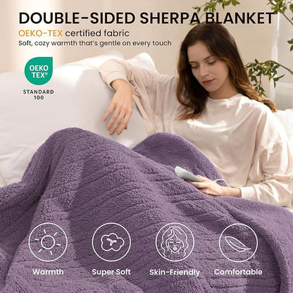 Heated Blanket Electric Blanket Queen - Fast Heating Blanket Throw Dual Control Double Sided Sherpa with 10 Heating Levels & 2-10 Hours Auto Off, Mashine Washable, 84 x 90 Inches, Purple