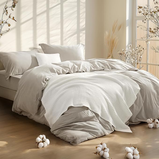 Bedsure 5 Pieces Cotton Comforter Set with Waffle Throw Blanket - Soft Breathable Bedding Set for All Seasons, Beige Comforter King Size, Pillow Shams, White 100% Cotton Blanket, Throw Pillow