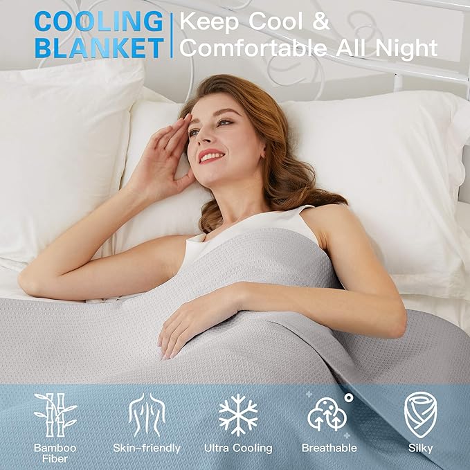 AmyHomie Cooling Blanket, 100% Rayon Derived from Bamboo, Cool Summer Blanket for Hot Sleepers, Soft Comfy Lightweight Blankets for All Seasons(Light Gray, 59×79in)