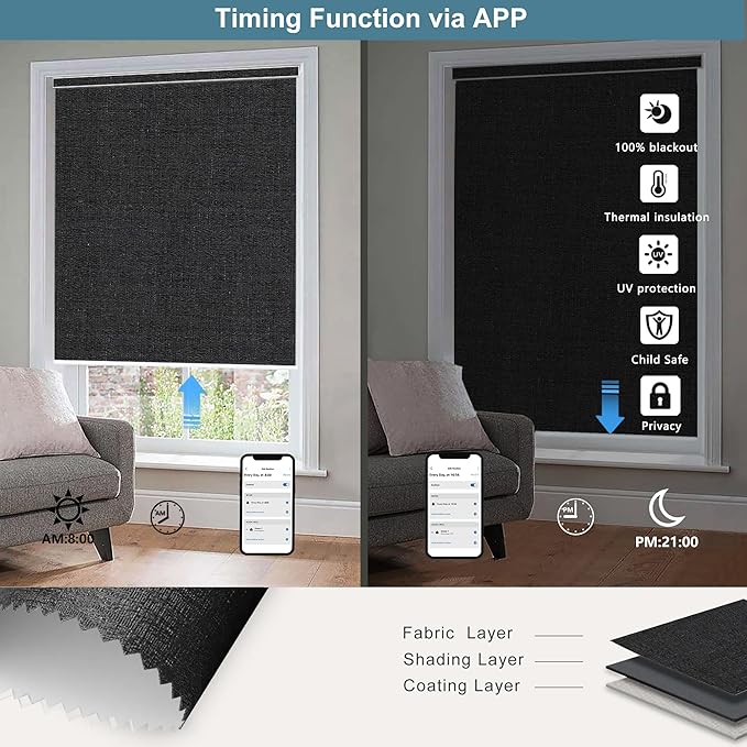 Bringnox Motorized Blinds with Remote,100% Blackout Smart Roller Blinds Compatible with Apple Homekit Google Home and Alexa Via HUB,and Customized (Crimp Basalt-24)