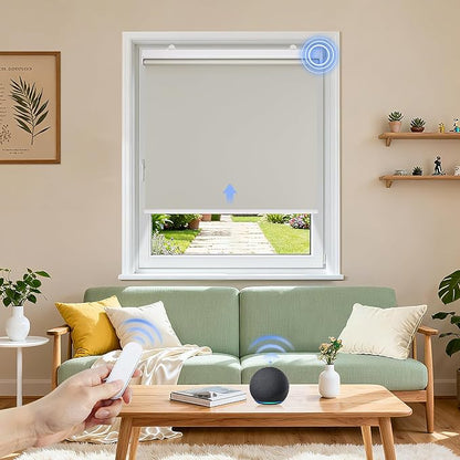 Grandekor Motorized Blinds with Remote Control, Blackout Roller Shade Electric Shades Cordless Smart Blinds for Bedroom Living Room Office,Beige,W34xH72