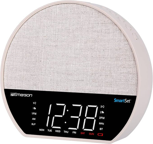 Emerson CKSS7071 Sunrise Smartset Alarm Clock Radio with 1.2" LED Display, White Noise, 6 Soothing Sounds, 8-Color Dimmable LED, Bluetooth Speaker, White