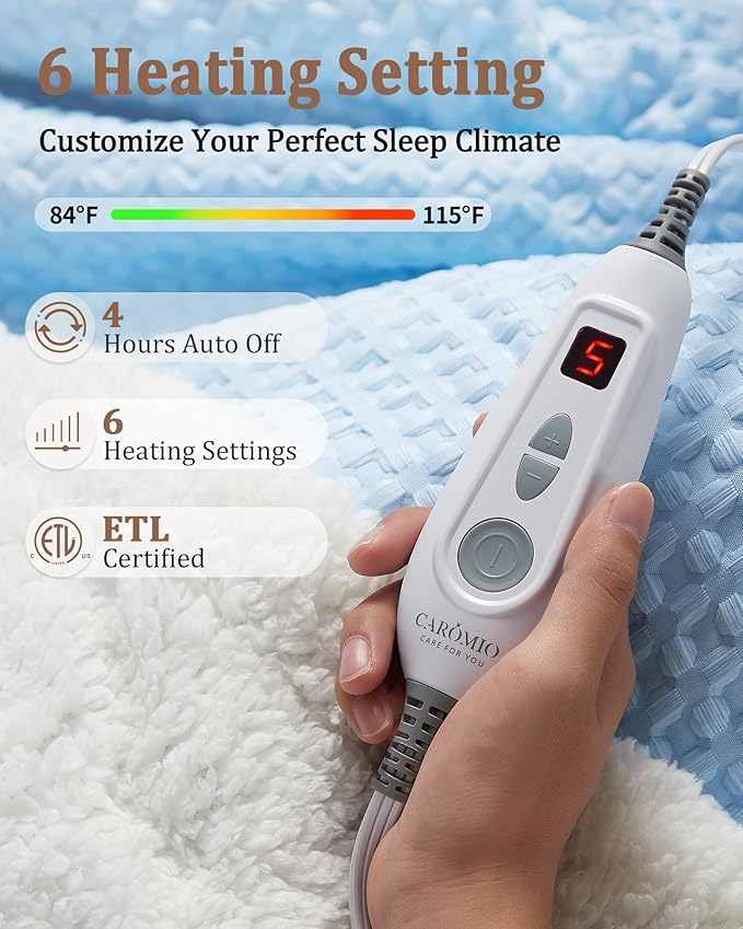 CAROMIO Heated Blanket Throw, Waffle Weave Electric Throw Blanket Fast Heating with LCD Controller, 6 Heat Levels & 4 Hour Auto Shut Off, ETL Certified, Machine Washable, Light Blue, 50" x 60"