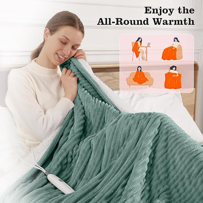 Electric Blanket Twin Heated Blanket 62x84'', Soft Flannel & Sherpa Warming Blanket for Office with Fast Heating & Overheat Protection, Machine Washable Heating Blanket, Best Gift for Grandma (Green)