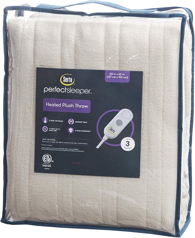 Serta Heated Throw Blanket - Reversible Fleece to Sherpa Electric Blanket, Fast Heating, Auto Shut Off Timer, Multi Heat Setting, ETL Certified, Machine Washable, Tan 50"x 60"