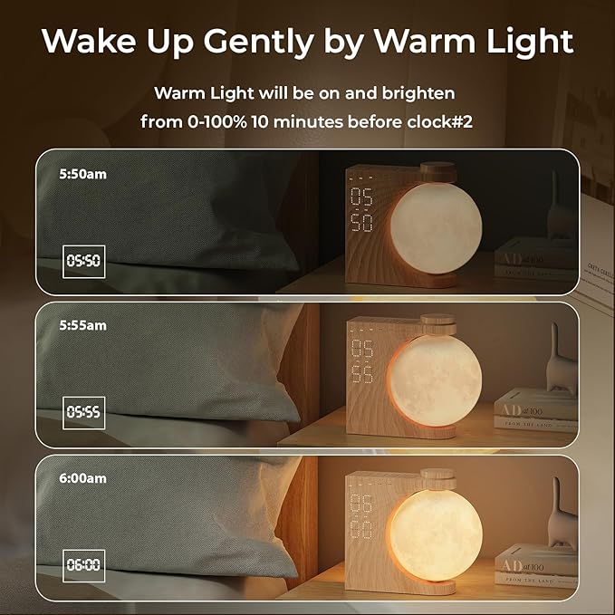 Sunrise Alarm Clock for Heavy Sleepers, Moon Lamp with Moon Light & 10 Light Effects, Cute Alarm Clock with10 White Noise Sounds & Dual Alarms for Bedrooms & Home Office Decor (Walnut Wood Grain)