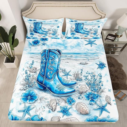 Cowboy Boots Bedding Set Twin Size Western Tribal Blue Flowers Bed Set for Teens Kids Sheet Seaside Beach Shell Conch Watercolor Tie Dye Paint Bed Cover(1 Fitted Sheet+1 Pillow Case)