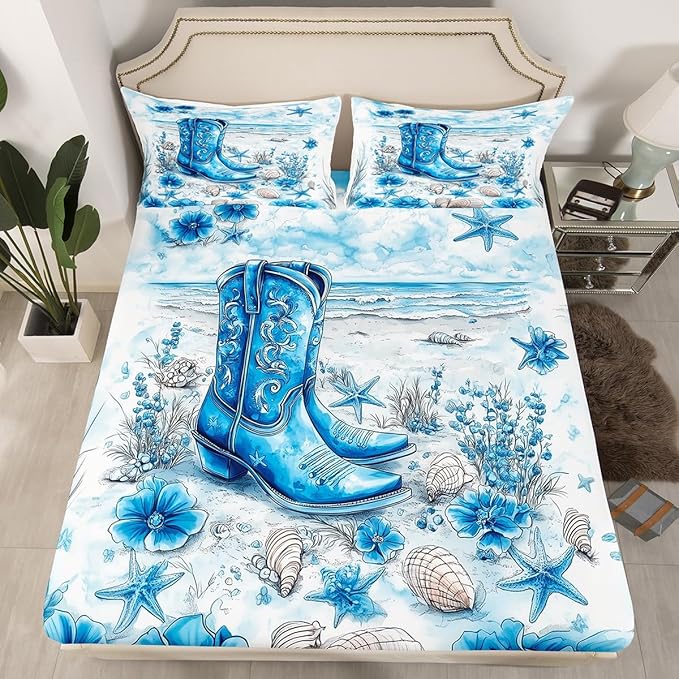 Cowboy Boots Fitted Sheet Queen Size Western Tribal Blue Flowers Bedding Sheet Set,Seaside Beach Shell Conch Watercolor Tie Dye Paint Bed Cover Bedding 3 Pcs(No Flat Sheet)
