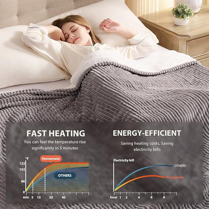 Homemate Electric Heated Blanket Twin Size - 62"x84" Heating Blanket Twin Size 1/2/4/6/8 Hours Auto-Off 10 Heat Level Over-Heat Protection Soft Flannel Sherpa ETL Certification