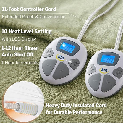 Serta Heated Blanket, Electric King Size Blanket, Soft, Warm, Fuzzy Heating Blanket King for Office, Couch, 1-12 hr Auto Shut Off Timer, 10 Lv Heat Setting, ETL Certified, King 100" x 90" Sage