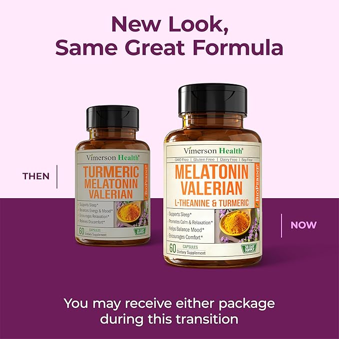 Melatonin 3mg Sleep Aid with L-Theanine & Valerian Root – Turmeric Curcumin Supplement with Ginger & Black Pepper – Organic Turmeric Supplement for Sleep, Calm and Stress Relief Support – 60 Capsules
