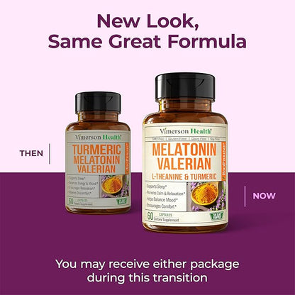 Melatonin 3mg Sleep Aid with L-Theanine & Valerian Root – Turmeric Curcumin Supplement with Ginger & Black Pepper – Organic Turmeric Supplement for Sleep, Calm and Stress Relief Support – 60 Capsules