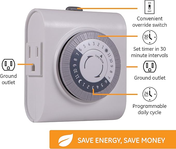 GE Mechanical Grounded Outlet Timer, Dual Plugs with 3 Prongs, 24 Hour Cycle, Indoor Use for Lights, Lamps, Fans, Appliances, Christmas, Tree, 3 Pack, 66404