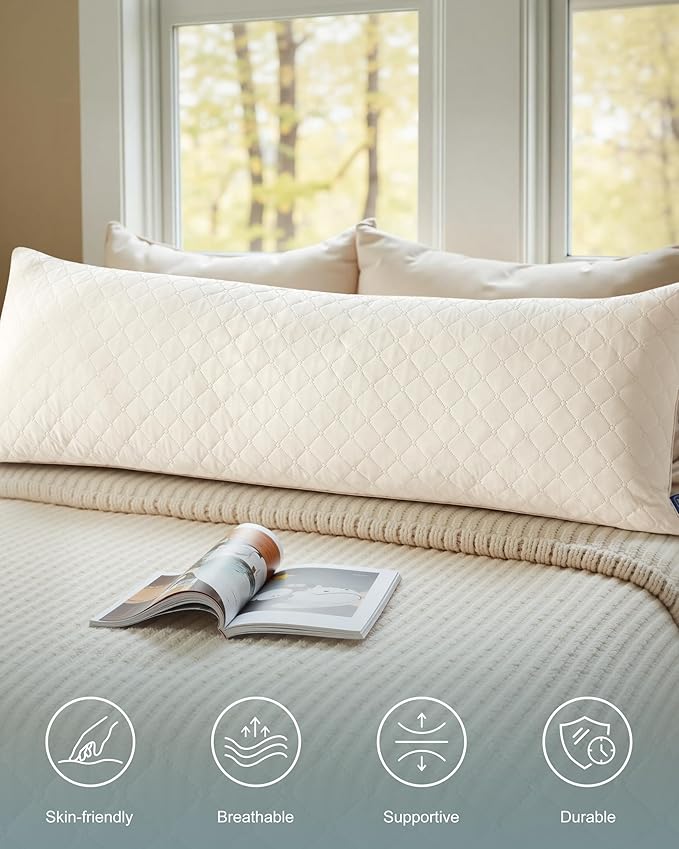 YZ HOME Long Body Pillow for Adults - Firm Body Pillow Insert with Shredded White Memory Foam, Adjustable Height, Soft Support for Side Sleeping, Pregnant Women, Washable (Beige, 20x54 Inch)
