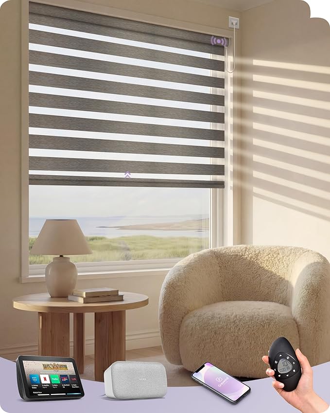 Graywind Motorized Blinds with Remote, Smart Zebra Shades for Windows, Hardwired Roller Blinds Compatible with Apple Homekit, Alexa, Google Home, Custom Size, Linen Sandy