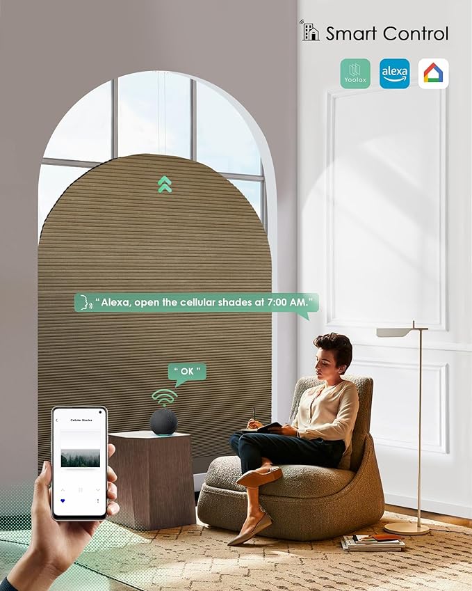 Yoolax Smart Cellular Shades, Motorized Elongated Arch Honeycomb Blinds Motorized Blinds with Remote Compatible with Alexa, Customized Elongated Arch Cellular Shades (Blackout Brown)