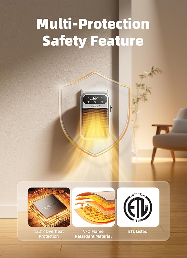 Brightown 800W Plug in Heater with Remote - Outlet Space Heater with Touch LED Display, Small Electric Wall Heaters for Indoor Use with Adjustable Thermostat and 12H Timer for Bathroom Office Bedroom