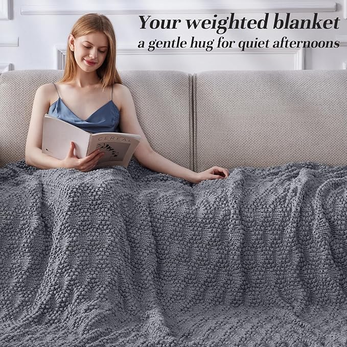 Knitted Weighted Blanket for Adult, Chunky Knit Weighted Throw for Sleep 48"*72" 12lbs, Cooling Breathable Heavy Blanket for Hot Sleepers, Machine Washable Blanket for Room Decor(Light Grey)