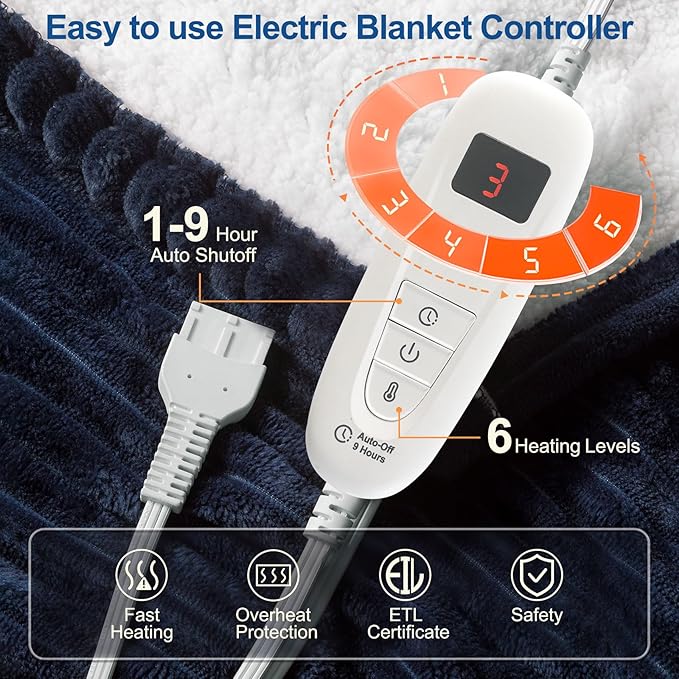 Tefici Heated Electric Blanket Full Size 72"x84" 6 Levels Over-Heat Protection Fast Heating 1/3/6/9 Hours Auto-Off,Heating Blanket Full Size,Soft Flannel to Sherpa ETL&FCC Certified Blue