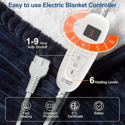 Tefici Heated Electric Blanket Full Size 72"x84" 6 Levels Over-Heat Protection Fast Heating 1/3/6/9 Hours Auto-Off,Heating Blanket Full Size,Soft Flannel to Sherpa ETL&FCC Certified Blue