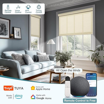 Motorized Blinds with Remote,Light Filtering Smart Roller Shades with App,Voice Control,Thermal Insulated Automatic Blinds,Electric Shades with USB/Solar Pannel.Filter Linen Beige