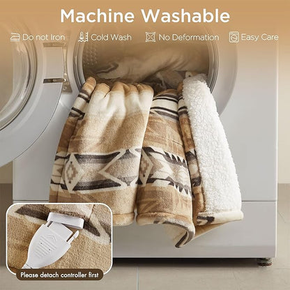 Woolrich Heated Throw Blanket with Ultra Soft Plush and Sherpa Reverse, 12 Heat Settings, Auto Shut-Off, Boho Farmhouse & English Country Gift Throw – Aztec Pattern, 50"x60"