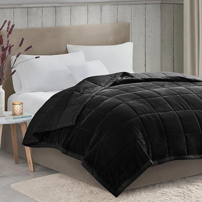 Madison Park King Cozy Blanket HeiQ Smart Temperature Plush to Microfiber Reverse Box Quilting, Reversible, Soft All Season, Lightweight Summer Cover, for Bed, Couch and Sofa, King, Black
