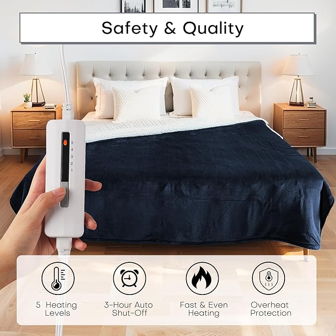Heated Electric Blanket Throw Size 50"x60" Thickened Flannel and Sherpa Heated Blanket,3 Hours Timer Auto-Off & 5 Heating Levels, Machine Washable, Navy Blue