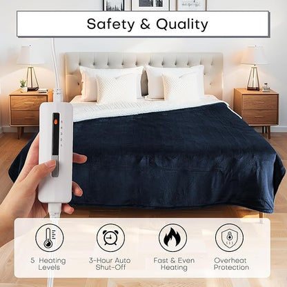 Heated Electric Blanket Throw Size 50"x60" Thickened Flannel and Sherpa Heated Blanket,3 Hours Timer Auto-Off & 5 Heating Levels, Machine Washable, Navy Blue