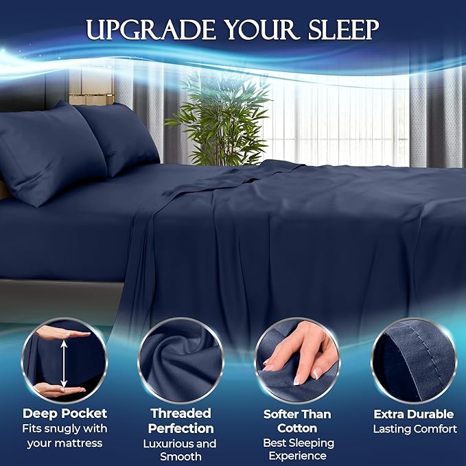 DECOLURE Cooling Bed Sheets Twin Set 3pcs - Luxurious & Ultra-Soft Twin Size Cooling Sheets for Hot Sleepers - Comfortable Cool Bamboo Viscose Microfiber Sheets Twin Size w/Deep Pockets (Navy)