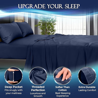 DECOLURE Cooling Bed Sheets Twin Set 3pcs - Luxurious & Ultra-Soft Twin Size Cooling Sheets for Hot Sleepers - Comfortable Cool Bamboo Viscose Microfiber Sheets Twin Size w/Deep Pockets (Navy)
