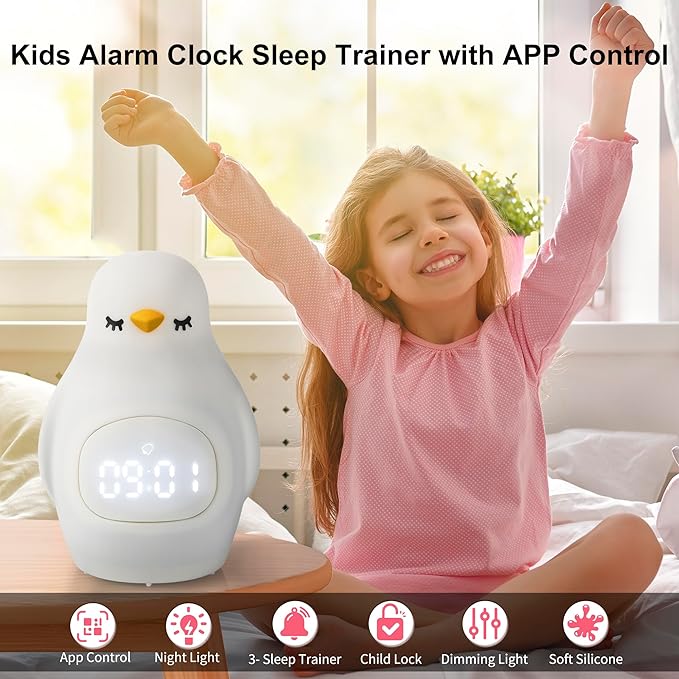 Kids Sleep Training Alarm Clock: App Control Night Light, Silicone, Sunrise Simulation, Rechargeable, Toddler Wake-Up Clock, Cute Penguin