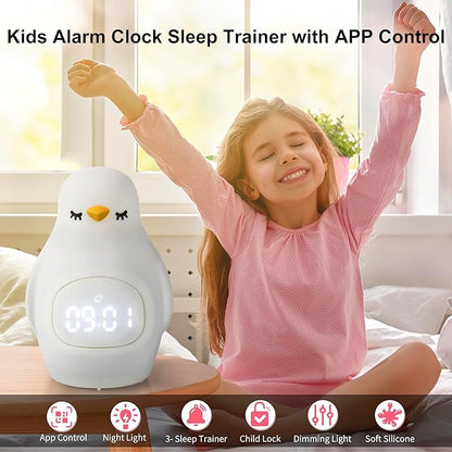 Kids Sleep Training Alarm Clock: App Control Night Light, Silicone, Sunrise Simulation, Rechargeable, Toddler Wake-Up Clock, Cute Penguin
