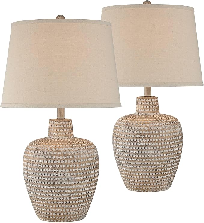 Regency Hill Glenn 27" Tall Urn Traditional Southwestern Table Lamps Set of 2 WiFi Smart Socket Dappled Beige Living Room Bedroom Bedside Nightstand House Office Home Reading Oatmeal Shade