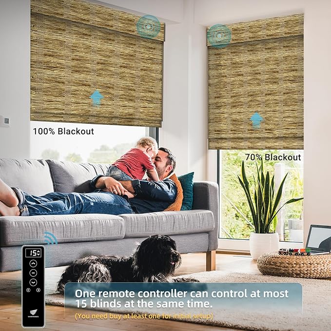 SmartWings Motorized Natural Woven Wood Shades for Windows, Electric Roman Shades with Remote for Bedroom Living Room, Work with Matter Zigbee Alexa Z-Wave Google Home, Customized, Ramie 427