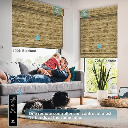 SmartWings Motorized Natural Woven Wood Shades for Windows, Electric Roman Shades with Remote for Bedroom Living Room, Work with Matter Zigbee Alexa Z-Wave Google Home, Customized, Ramie 427