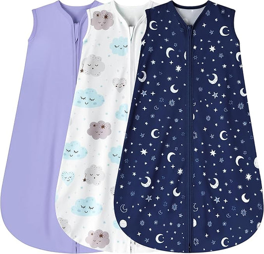 3 Pack Baby Sleep Sack 0-6 Months 100% Rayon Cotton Baby Sleeping Bag 2-Way Zipper Toddler Wearable Blankets Comfy Stretchy Lightweight TOG 0.3 （Purple&Clouds&Starry Sky）