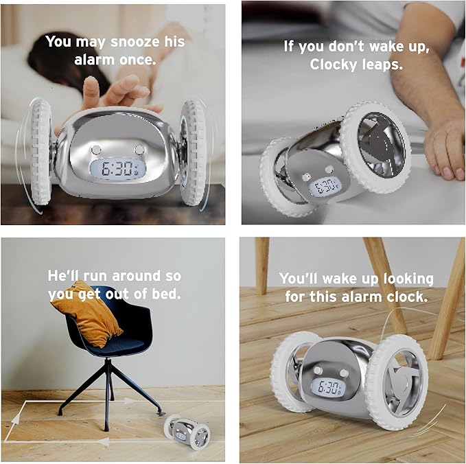 CLOCKY Extra Super Loud Alarm Clock for Heavy Sleepers Adults Kids Teens Bedroom, Move Jump Roll Run Away Easy to Set Smart Digital Mirror Alarm Clock on Wheels -Funny Gag Gift (Chrome)