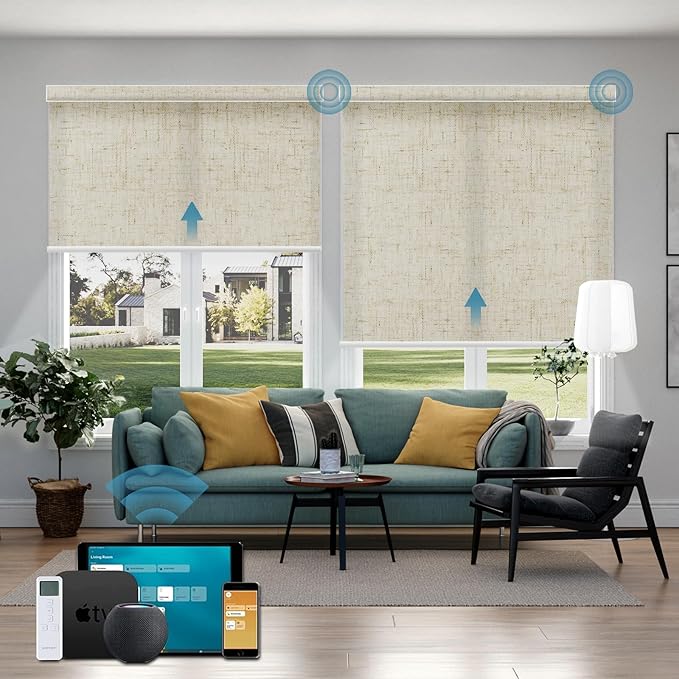 Motorized Roller Shades,70% Blackout Motorized Light Filtering Shades Compatible with Homekit Alexa Google,Smart Blind with Remote,Electric Shades for Home Office,Linen Sand