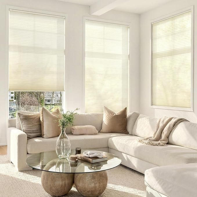 LazBlinds Cordless Cellular Shades, No Tools No Drill Light Filtering Honeycomb Shades Pleated Blinds for Windows, 35.5'' W x 48'' H, Cream