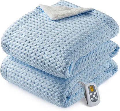 CAROMIO Heated Blanket Full Size, Waffle Weave Electric Blanket Throw with LCD Controller, Fast Heating, 10 Heat Levels & 1-12H Time Settings, ETL Certified, Machine Washable, Light Blue, 72" x 84"
