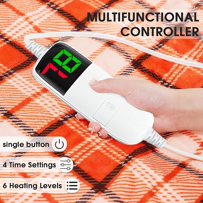OCTROT Electric Heated Blanket King Size, 90X100 Orange Blanket with Dual Control&10 Heats Levels&Timer for Bed,Large Plaid Sherpa Heating Blankets Warmer Gifts for Women Grandma Halloween Home Decor