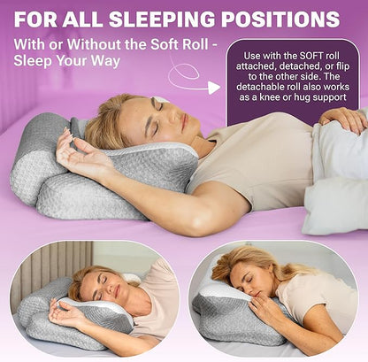 Cervical Neck Pillow for Sleeping, Dreamers Relief Pillow, Side Sleeper Pillow for Adults, Adjustable Height Memory Foam Pillow and Detachable Roll, Back & Stomach Sleeping Neck Pain Relief (White)