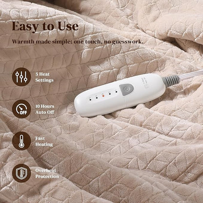 Twin Electric Blanket 62"x84" Heating Blanket Twin, Wheat Pattern Ultra-Soft Flannel & Thick Sherpa with 5 Heat Settings & 10 Hour Auto Shut-Off, ETL & FCC Certified, Machine Washable Home Use, Beige