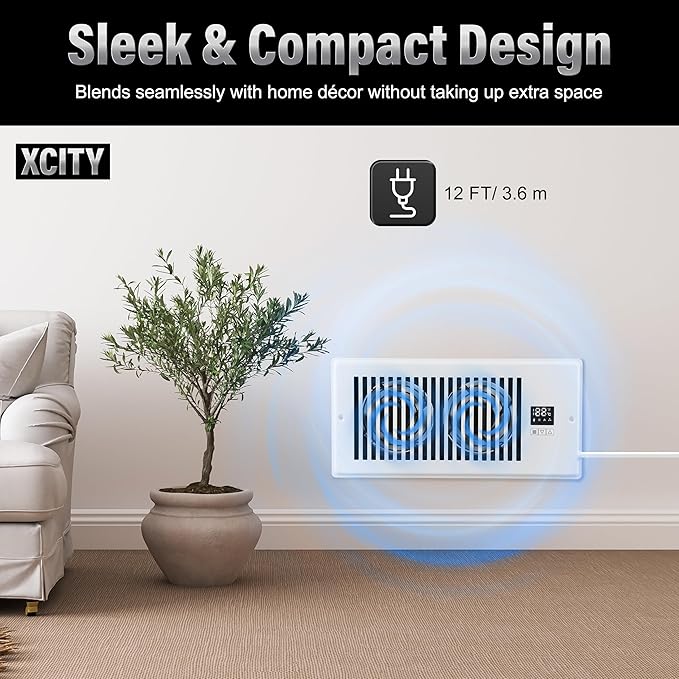 Xcity Quiet Register Booster Fan, Intelligent 6"x12" Vents, 10-speed, Air Vent Fan with Remote Control & Thermostat, Smart LED Display Ideal for HVAC, Integrated Heating & Cooling, White