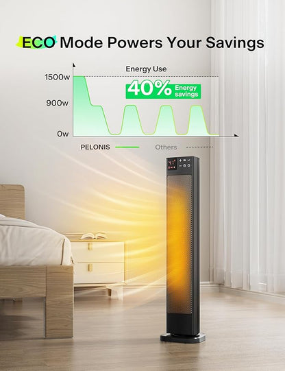 PELONIS 30” Ceramic Tower Space Heater with Adjustable Thermostat for Large Room, 75° Oscillation, Remote Control & 12H Timer, Tip-Over Switch & Overheating Protection, 1500W, PHF15RSAPH30, Black