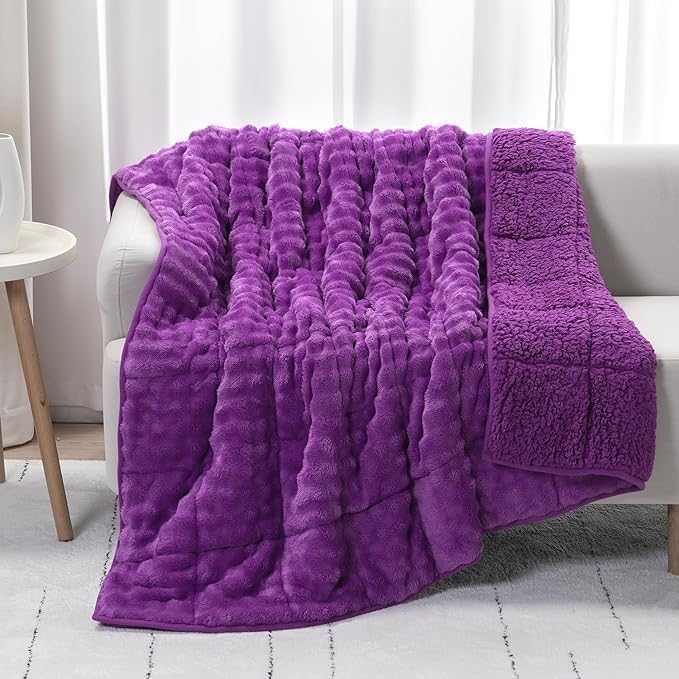 Cottonblue Weighted Blanket 20lbs Bubble Fleece Plush Sherpa Heavy Weighted Blankets for Adults, Fits Queen Size Bed, Cute Fuzzy Warm Heavy Blanket for Calm and Better Sleep, 60"x80", Purple