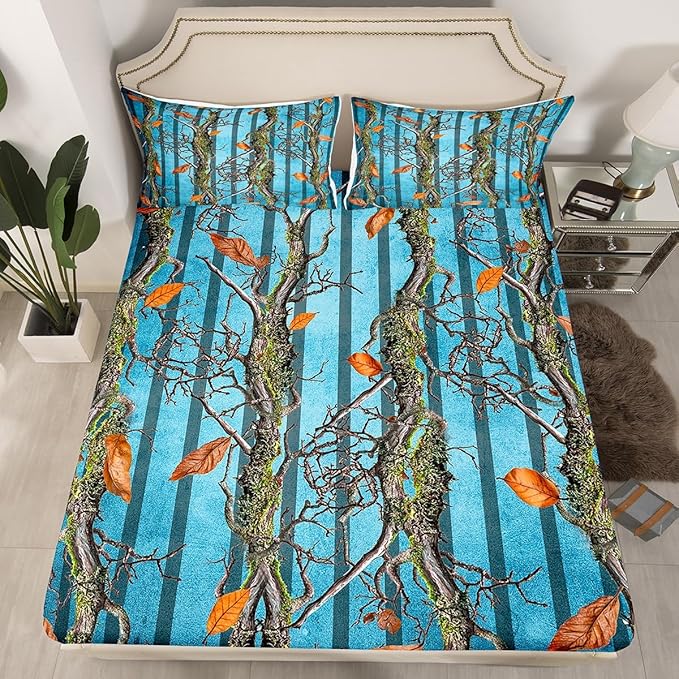 Tree Branches Kids Fitted Sheet Twin Size,Wild Hunting Botanical Leaves Rustic Cabin Bedding Set,Boys Girls Room Decor,Geometric Stripes Patch Bed Cover,Blue Bed Sheet,1 Pillowcase(No Top Sheet)